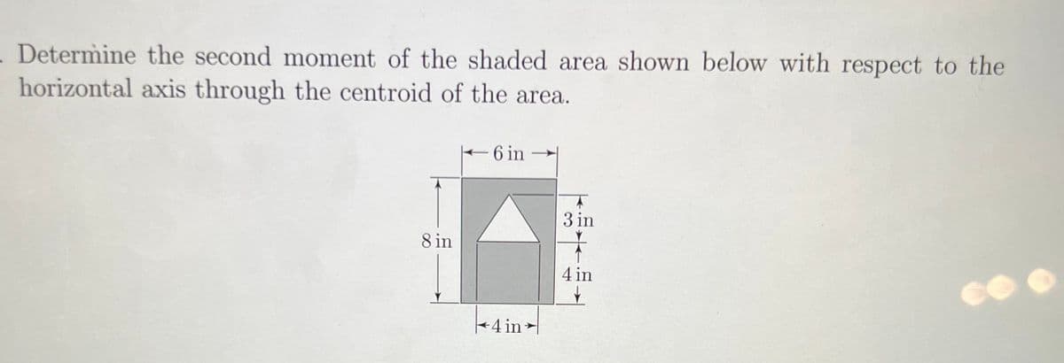 - Determine the second moment of the shaded area shown below with respect to the
horizontal axis through the centroid of the area.
8 in
- 6 in
*4 in*
3 in
4 in
CO