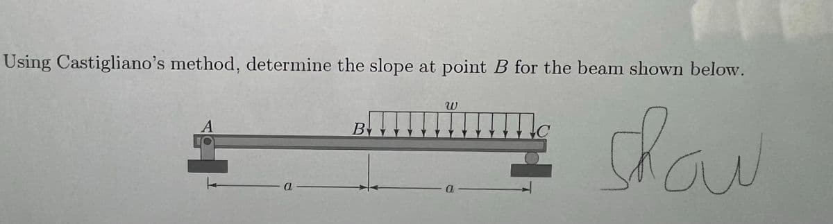 Using Castigliano's method, determine the slope at point B for the beam shown below.
W
... show
a
A
a
B
a
Ic