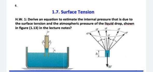 1.7. Surface Tension
H.W. 1: Derive an equation to estimate the internal pressure that is due to
the surface tension and the atmospheric pressure of the liquid drop, shown
in figure (1.13) in the lecture notes?
