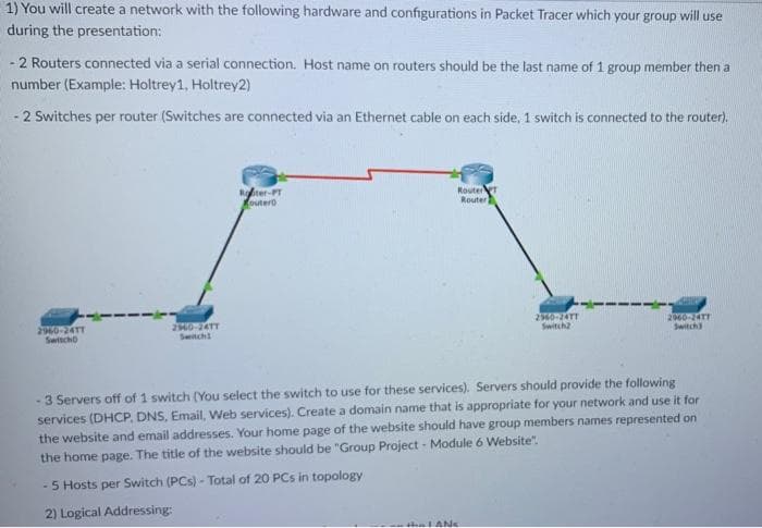 1) You will create a network with the following hardware and configurations in Packet Tracer which your group will use
during the presentation:
- 2 Routers connected via a serial connection. Host name on routers should be the last name of 1 group member then a
number (Example: Holtrey1, Holtrey2)
- 2 Switches per router (Switches are connected via an Ethernet cable on each side, 1 switch is connected to the router).
Rter-PT
outero
RouterT
Router
290-24TT
Switcho
20-24TT
Seitchi
2060-247T
Switch
Switch2
-3 Servers off of 1 switch (You select the switch to use for these services). Servers should provide the following
services (DHCP, DNS, Email, Web services). Create a domain name that is appropriate for your network and use it for
the website and email addresses. Your home page of the website should have group members names represented on
the home page. The title of the website should be "Group Project - Module 6 Website".
- 5 Hosts per Switch (PCs) - Total of 20 PCs in topology
2) Logical Addressing:
halANs
