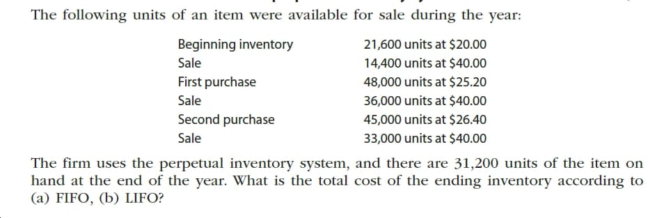 The following units of an item were available for sale during the year:
Beginning inventory
21,600 units at $20.00
Sale
14,400 units at $40.00
First purchase
48,000 units at $25.20
Sale
36,000 units at $40.00
Second purchase
45,000 units at $26.40
33,000 units at $40.00
Sale
The firm uses the perpetual inventory system, and there are 31,200 units of the item on
hand at the end of the year. What is the total cost of the ending inventory according to
(a) FIFO, (b) LIFO?
