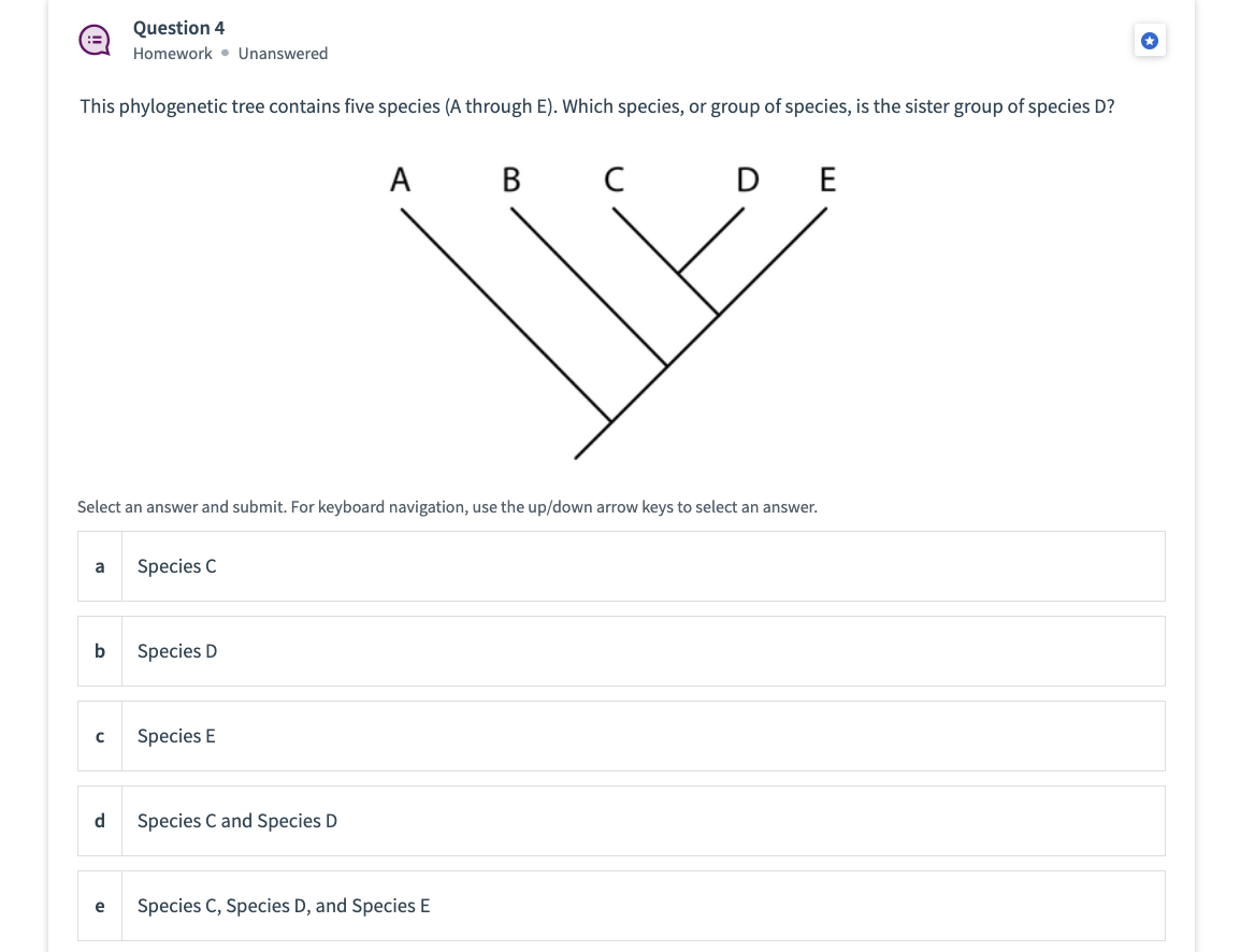 ((:)
This phylogenetic tree contains five species (A through E). Which species, or group of species, is the sister group of species D?
a
b
с
Question 4
Homework Unanswered
Select an answer and submit. For keyboard navigation, use the up/down arrow keys to select an answer.
d
e
Species C
Species D
Species E
A
Species C and Species D
в с
Species C, Species D, and Species E
DE