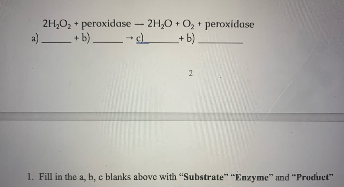 2H,O2 + peroxidase – 2H,O + O2 + peroxidase
a)
+ b).
+ b)
1. Fill in the a, b, c blanks above with "Substrate" "Enzyme" and “Product"
