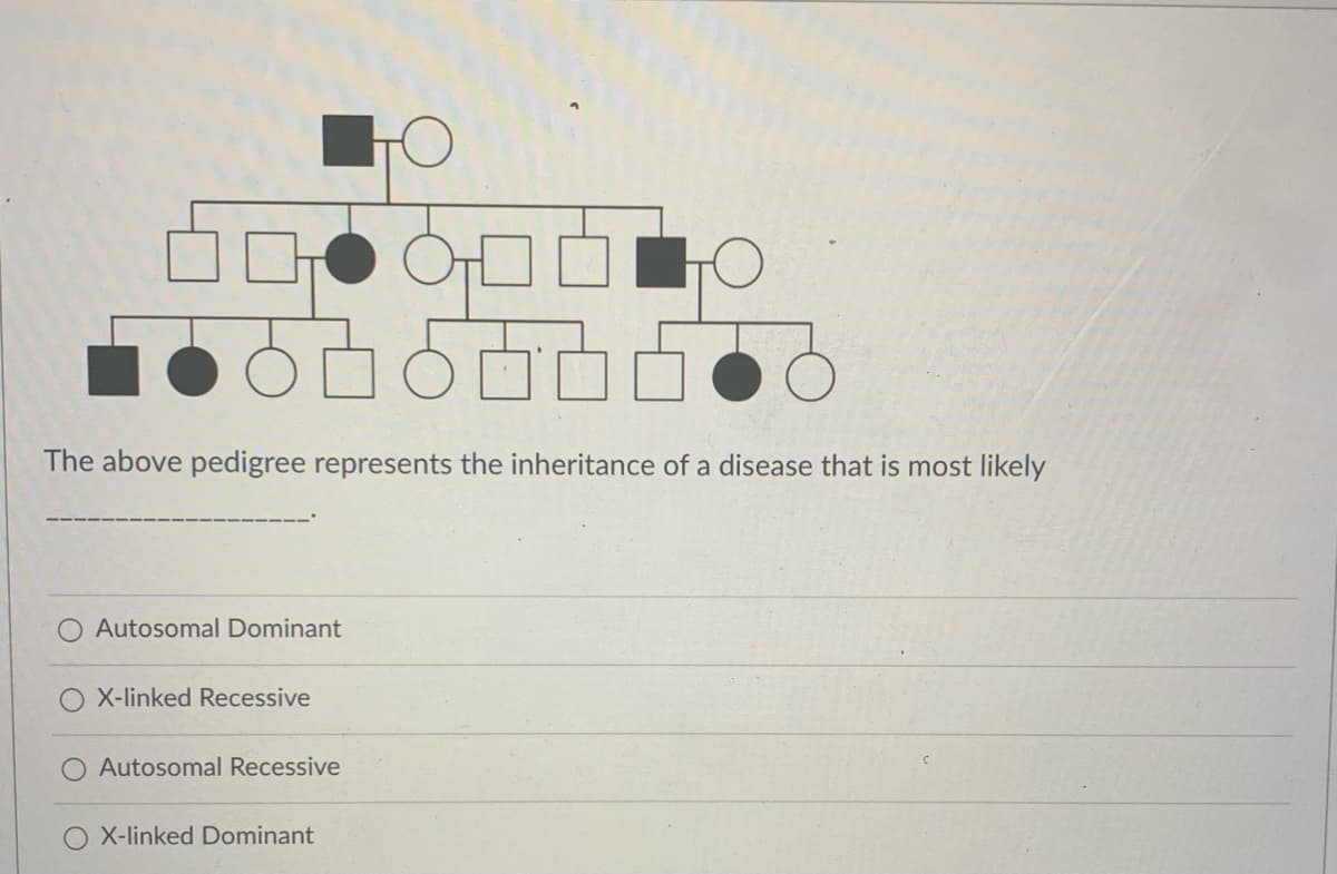 The above pedigree represents the inheritance of a disease that is most likely
O Autosomal Dominant
X-linked Recessive
Autosomal Recessive
X-linked Dominant

