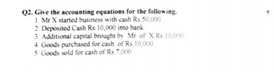 Q2. Give the accounting equations for the following.
1. Mr X started business with cash Rs. 50,000.
2. Deposited Cash Rs 10,000 into bank
3. Additional capital brought by Mr of X Rs 10,000
4 Goods purchased for cash of Rs 10,000.
5 Goods sold for cash of Rs 7,000
