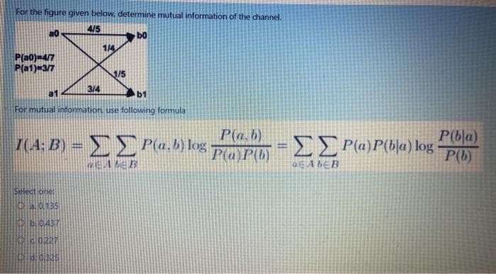 For the figure given below, determine mutual information of the channel.
4/5
a0
b0
14
P(a0)-4/7
P(a1)=3/7
1/5
3/4
b1
For mutual information use following formula
P(bla)
P(b)
P(a.b)
7(4: B) = P(a.b) log
P(a)P(b[a) log
%3D
P(a)P(b)
BEA BEB
Select one
