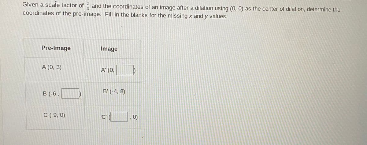 Given a scale factor of and the coordinates of an image after a dilation using (0, 0) as the center of dilation, determine the
coordinates of the pre-image. Fill in the blanks for the missing x and y values.
Pre-Image
Image
A (0, 3)
A' (0,
В (6,
B' (-4, 8)
С (9, 0)
0)
1
