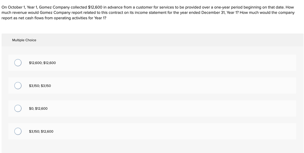 On October 1, Year 1, Gomez Company collected $12,600 in advance from a customer for services to be provided over a one-year period beginning on that date. How
much revenue would Gomez Company report related to this contract on its income statement for the year ended December 31, Year 1? How much would the company
report as net cash flows from operating activities for Year 1?
Multiple Choice
$12,600; $12,600
$3,150; $3,150
$0; $12,600
$3,150; $12,600