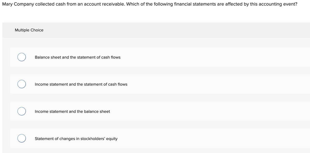 Mary Company collected cash from an account receivable. Which of the following financial statements are affected by this accounting event?
Multiple Choice
O
Balance sheet and the statement of cash flows
Income statement and the statement of cash flows
Income statement and the balance sheet
Statement of changes in stockholders' equity