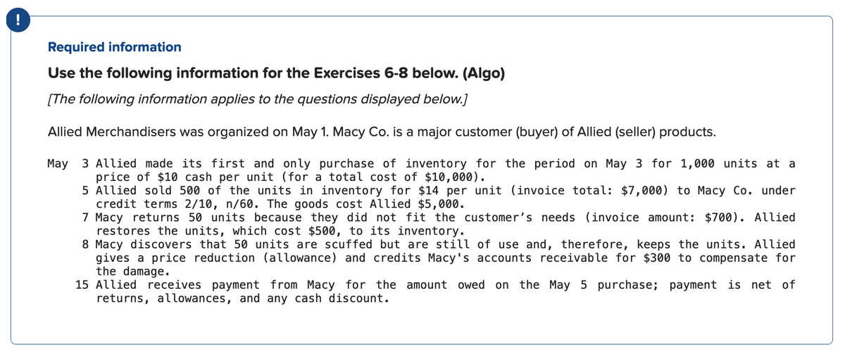 Required information
Use the following information for the Exercises 6-8 below. (Algo)
[The following information applies to the questions displayed below.]
Allied Merchandisers was organized on May 1. Macy Co. is a major customer (buyer) of Allied (seller) products.
May 3 Allied made its first and only purchase of inventory for the period on May 3 for 1,000 units at a
price of $10 cash per unit (for a total cost of $10,000).
5 Allied sold 500 of the units in inventory for $14 per unit (invoice total: $7,000) to Macy Co. under
credit terms 2/10, n/60. The goods cost Allied $5,000.
7 Macy returns 50 units because they did not fit the customer's needs (invoice amount: $700). Allied
restores the units, which cost $500, to its inventory.
8 Macy discovers that 50 units are scuffed but are still of use and, therefore, keeps the units. Allied
gives a price reduction (allowance) and credits Macy's accounts receivable for $300 to compensate for
the damage.
15 Allied receives payment from Macy for the amount owed on the May 5 purchase;
returns, allowances, and any cash discount.
payment is net of
