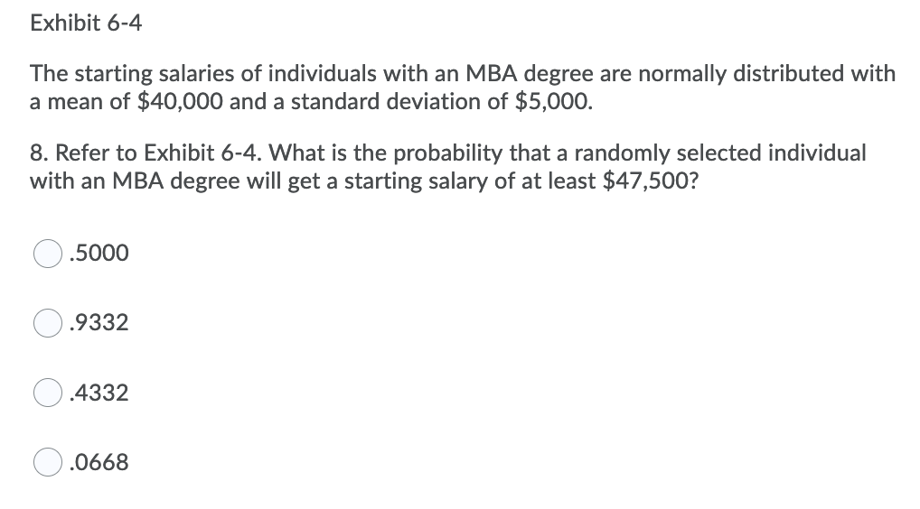 Exhibit 6-4
The starting salaries of individuals with an MBA degree are normally distributed with
a mean of $40,000 and a standard deviation of $5,000.
8. Refer to Exhibit 6-4. What is the probability that a randomly selected individual
with an MBA degree will get a starting salary of at least $47,500?
.5000
.9332
.4332
O.0668
