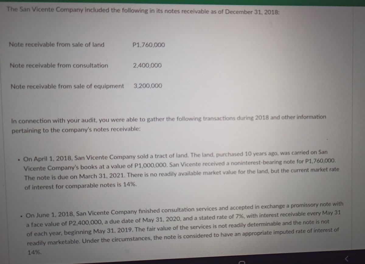 The San Vicente Company included the following in its notes receivable as of December 31, 2018:
Note receivable from sale of land
P1,760,000
Note receivable from consultation
2,400,000
Note receivable from sale of equipment
3,200,000
In connection with your audit, you were able to gather the following transactions during 2018 and other information
pertaining to the company's notes receivable:
• On April 1, 2018, San Vicente Company sold a tract of land. The land, purchased 10 years ago, was carried on San
Vicente Company's books at a value of P1,000,000. San Vicente received a noninterest-bearing note for P1,760,000.
The note is due on March 31, 2021. There is no readily available market value for the land, but the current market rate
of interest for comparable notes is 14%.
• On June 1, 2018, San Vicente Company finished consultation services and accepted in exchange a promissory note with
a face value of P2,400,000, a due date of May 31, 2020, and a stated rate of 7%, with interest receivable every May 31
of each year, beginning May 31, 2019. The fair value of the services is not readily determinable and the note is not
readily marketable. Under the circumstances, the note is considered to have an appropriate imputed rate of interest of
14%.
C
