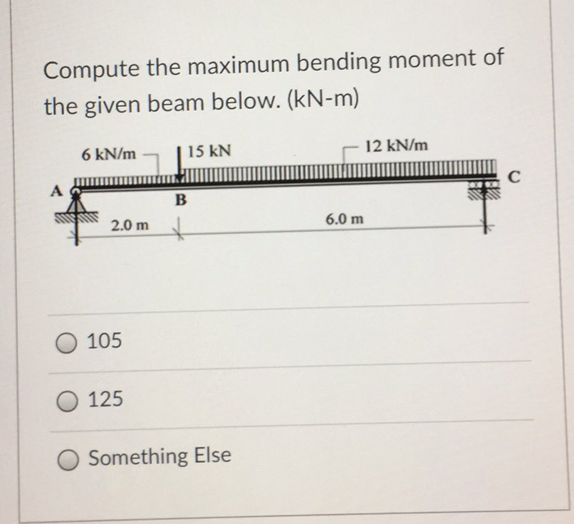Compute the maximum bending moment of
the given beam below. (kN-m)
6 kN/m
15 kN
12 kN/m
A
C
2.0 m
6.0 m
O 105
O 125
Something Else

