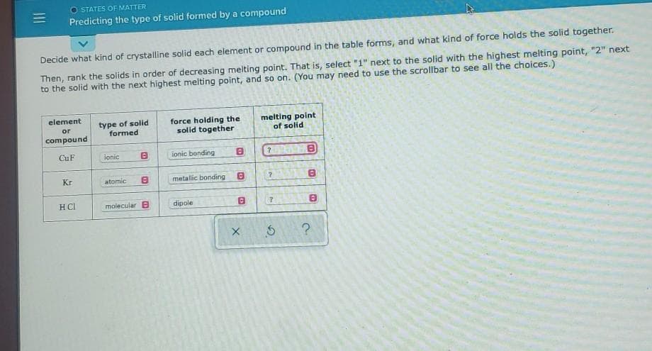 O STATES OF MATTER
Predicting the type of solid formed by a compound
Decide what kind of crystalline solid each element or compound in the table forms, and what kind of force holds the solid together.
Then, rank the solids in order of decreasing melting point. That is, select "1" next to the solid with the highest melting point, "2" next
to the solid with the next highest melting point, and so on. (You may need to use the scrollbar to see all the choices.)
element
type of solid
formed
force holding the
solid together
melting point
of solid
or
compound
CuF
ionic
ionic bonding
Kr
atomic
metallic bonding
HCl
molecular B
dipole
