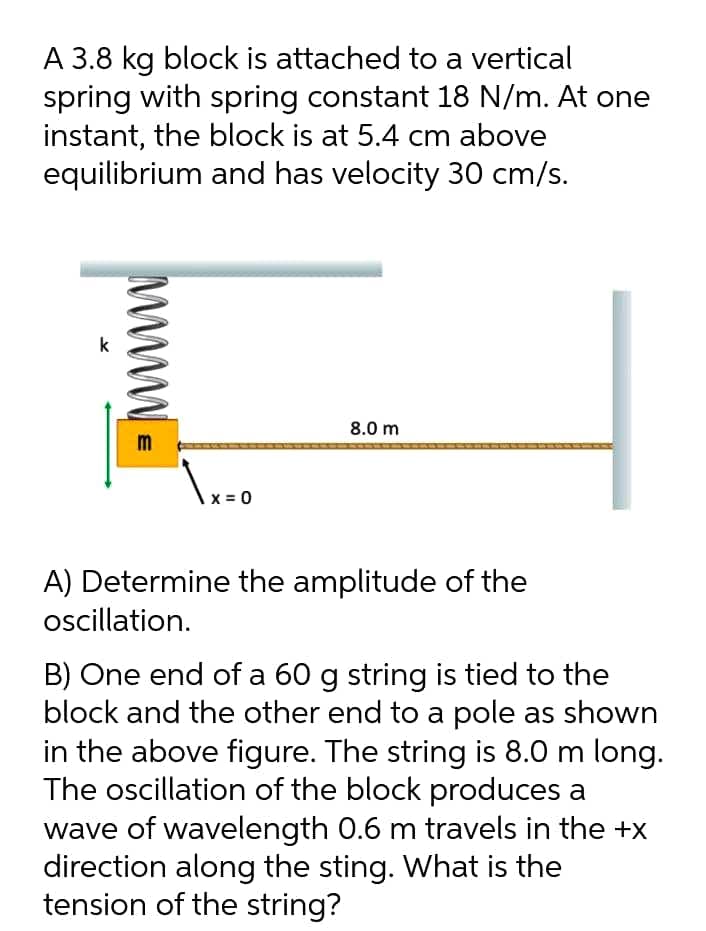 A 3.8 kg block is attached to a vertical
spring with spring constant 18 N/m. At one
instant, the block is at 5.4 cm above
equilibrium and has velocity 30 cm/s.
8.0 m
m
x= 0
A) Determine the amplitude of the
ocillation.
B) One end of a 60 g string is tied to the
block and the other end to a pole as shown
in the above figure. The string is 8.0 m long.
The oscillation of the block produces a
wave of wavelength 0.6 m travels in the +x
direction along the sting. What is the
tension of the string?
www
