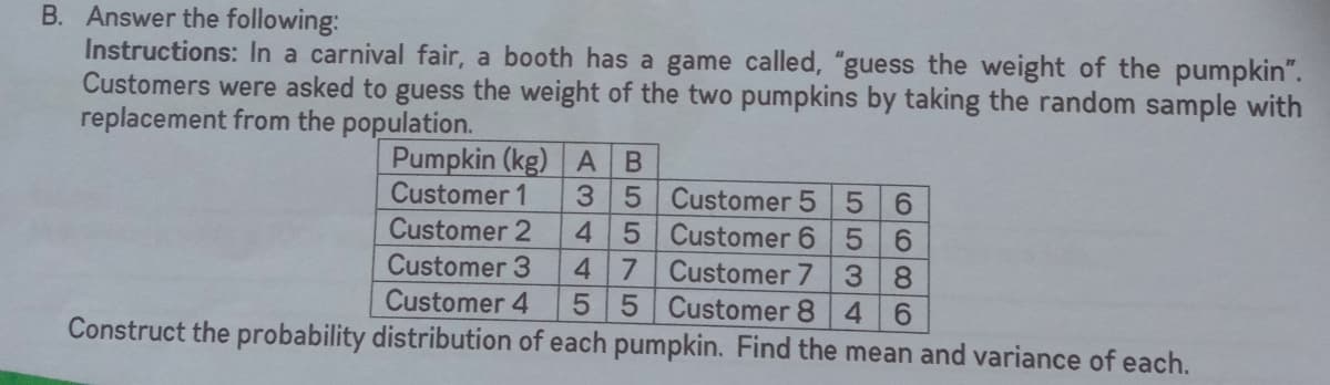 B. Answer the following:
Instructions: In a carnival fair, a booth has a game called, "guess the weight of the pumpkin".
Customers were asked to guess the weight of the two pumpkins by taking the random sample with
replacement from the population.
Pumpkin (kg) A B
Customer 1
3 5 Customer 5 5
6.
45 Customer 6 5 6
8.
4.
Customer 2
47 Customer 7
5 5 Customer 8
Construct the probability distribution of each pumpkin. Find the mean and variance of each.
Customer 3
Customer 4
6.
