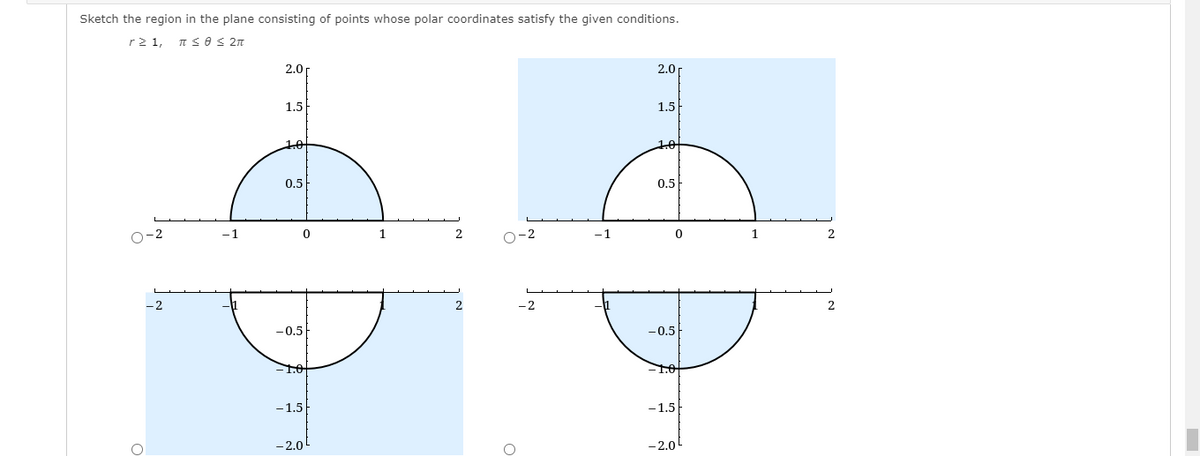 Sketch the region in the plane consisting of points whose polar coordinates satisfy the given conditions.
r2 1,
ISOS 2n
2.0
2.0r
1.5
1.5
10
10
0.5
0.5
O-2
-1
1
O-2
2
-2
2
-0.5
-0.5
- 1.5
-2.0
- 2.0
