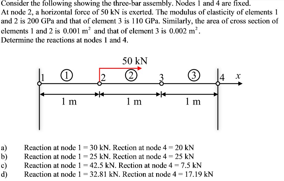 Consider the following showing the three-bar assembly. Nodes 1 and 4 are fixed.
At node 2, a horizontal force of 50 kN is exerted. The modulus of elasticity of elements 1
and 2 is 200 GPa and that of element 3 is 110 GPa. Similarly, the area of cross section of
elements 1 and 2 is 0.001 m? and that of element 3 is 0.002 m².
Determine the reactions at nodes 1 and 4.
50 kN
12
2.
3
14
1 m
1 m
1 m
Reaction at node 1 = 30 kN. Rection at node 4 = 20 kN
а)
b)
c)
d)
II
Reaction at node 1 = 25 kN. Rection at node 4 = 25 kN
Reaction at node 1 = 42.5 kN. Rection at node 4 = 7.5 kN
Reaction at node 1 = 32.81 kN. Rection at node 4 = 17.19 kN
