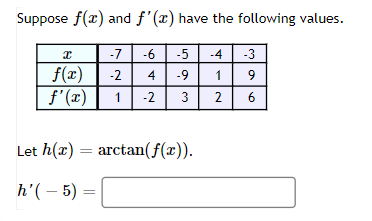 Suppose f(x) and f'(x) have the following values.
-7 -6 -5 -4 -3
4 -9 1
9
3
2
6
x
f(x) -2
f'(x)
1 -2
لیا
Let h(x) = arctan(f(x)).
h'(-5) =