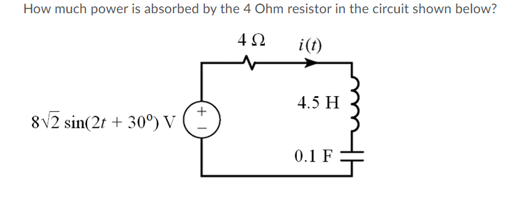 How much power is absorbed by the 4 Ohm resistor in the circuit shown below?
i(t)
4.5 H
+
8V2 sin(2t + 30°) V
0.1 F
