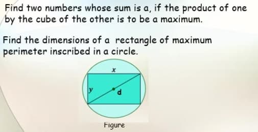 Find two numbers whose sum is a, if the product of one
by the cube of the other is to be a maximum.
Find the dimensions of a rectangle of maximum
perimeter inscribed in a circle.
Figure
