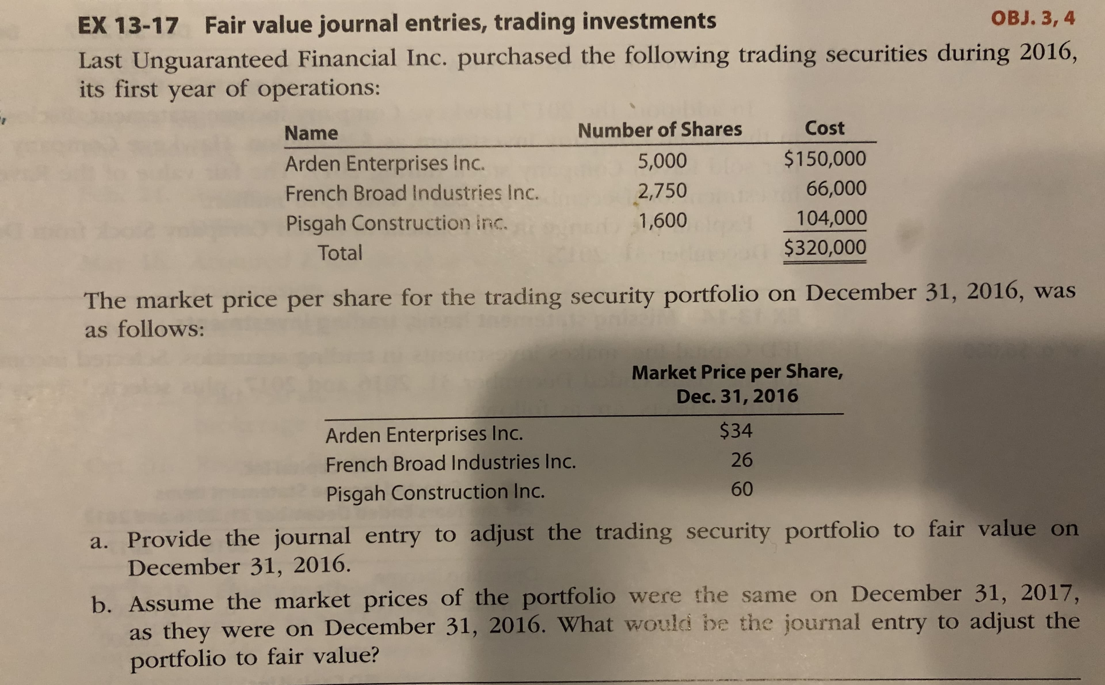 a. Provide the journal entry to adjust the trading security portfolio to fair value on
December 31, 2016.
b. Assume the market prices of the portfolio were the same on December 31, 2017,
as they were on December 31, 2016. What would be the journal entry to adjust the
portfolio to fair value?
