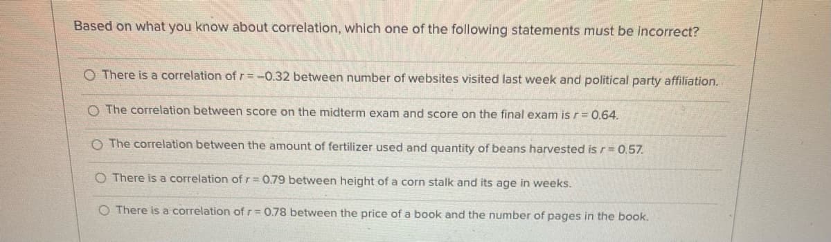 Based on what you know about correlation, which one of the following statements must be incorrect?
O There is a correlation ofr=-0.32 between number of websites visited last week and political party affiliation..
O The correlation between score on the midterm exam and score on the final exam is r= 0.64.
O The correlation between the amount of fertilizer used and quantity of beans harvested isr= 0.57.
O There is a correlation of r= 0.79 between height of a corn stalk and its age in weeks.
O There is a correlation of r= 0.78 between the price of a book and the number of pages in the book.
