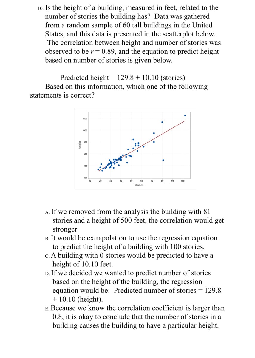 10. Is the height of a building, measured in feet, related to the
number of stories the building has? Data was gathered
from a random sample of 60 tall buildings in the United
States, and this data is presented in the scatterplot below.
The correlation between height and number of stories was
observed to ber= 0.89, and the equation to predict height
based on number of stories is given below.
Predicted height = 129.8 + 10.10 (stories)
Based on this information, which one of the following
statements is correct?
1200
1000
R00
400
60
80
90
stories
A. If we removed from the analysis the building with 81
stories and a height of 500 feet, the correlation would get
stronger.
B. It would be extrapolation to use the regression equation
to predict the height of a building with 100 stories.
C. A building with 0 stories would be predicted to have a
height of 10.10 feet.
D. If we decided we wanted to predict number of stories
based on the height of the building, the regression
equation would be: Predicted number of stories = 129.8
+ 10.10 (height).
E. Because we know the correlation coefficient is larger than
0.8, it is okay to conclude that the number of stories in a
building causes the building to have a particular height.
