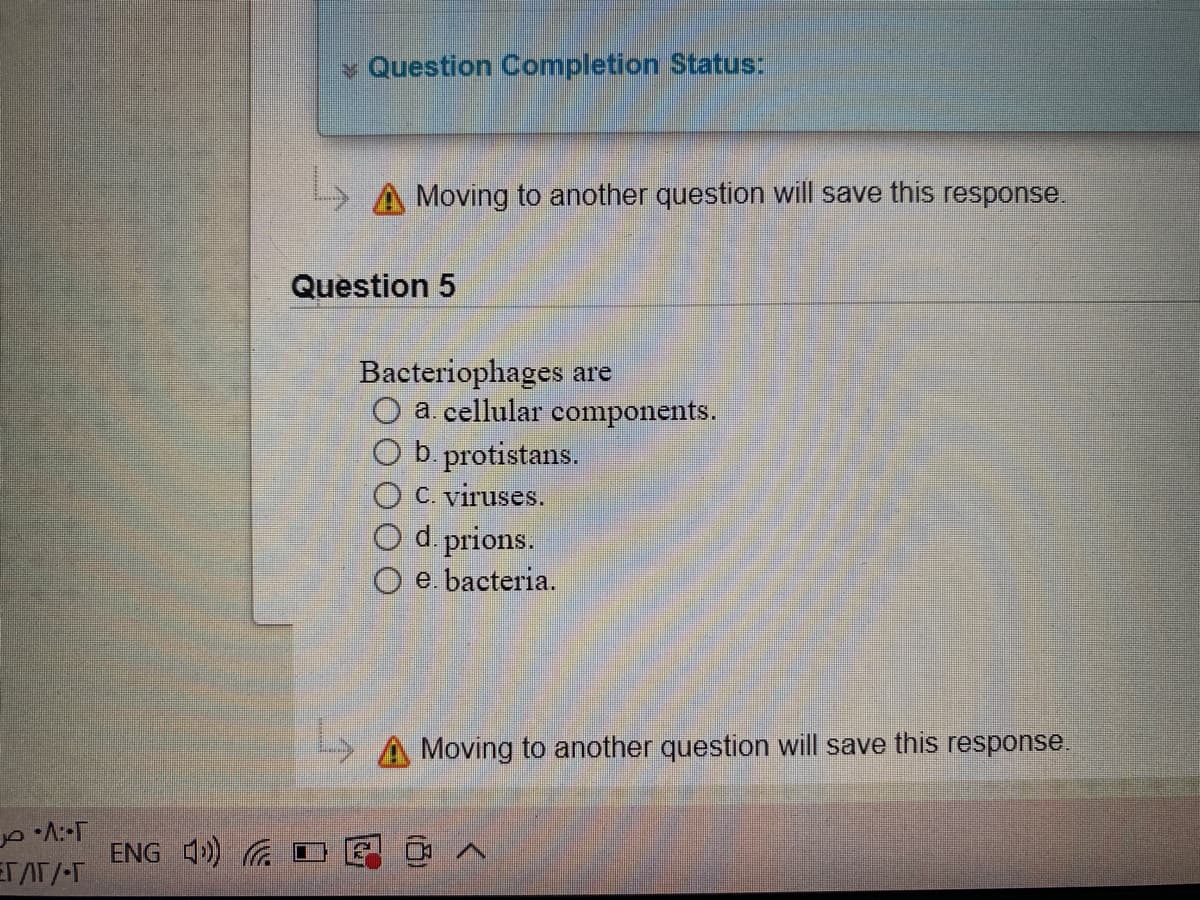 v Question Completion Status:
y A Moving to another question will save this response.
Question 5
Bacteriophages are
a. cellular components.
O b. protistans.
O C. viruses.
d. prions.
e. bacteria.
>A Moving to another question will save this response.
ENG 4)
