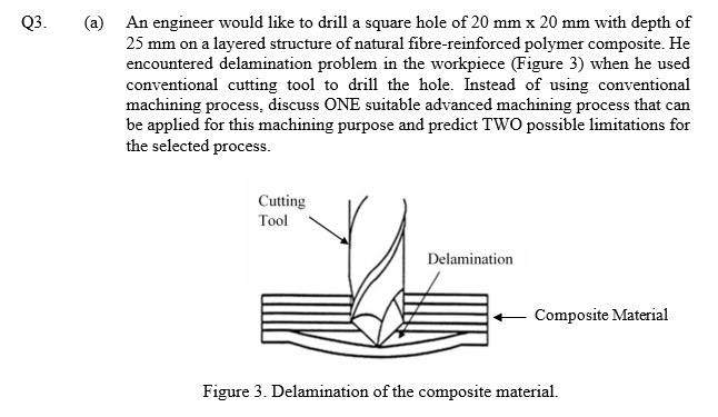 Q3.
(a) An engineer would like to drill a square hole of 20 mm x 20 mm with depth of
25 mm on a layered structure of natural fibre-reinforced polymer composite. He
encountered delamination problem in the workpiece (Figure 3) when he used
conventional cutting tool to drill the hole. Instead of using conventional
machining process, discuss ONE suitable advanced machining process that can
be applied for this machining purpose and predict TWO possible limitations for
the selected process.
Cutting
Tool
Delamination
Composite Material
Figure 3. Delamination of the composite material.
