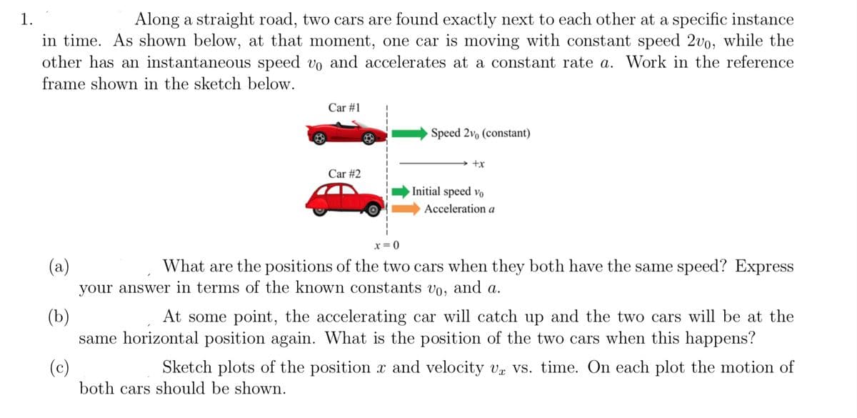 Along a straight road, two cars are found exactly next to each other at a specific instance
in time. As shown below, at that moment, one car is moving with constant speed 2vo, while the
other has an instantaneous speed vo and accelerates at a constant rate a. Work in the reference
1.
frame shown in the sketch below.
Car #1
Speed 2vo (constant)
+x
Car #2
Initial speed vo
Acceleration a
x= 0
(a)
your answer in terms of the known constants vo, and a.
What are the positions of the two cars when they both have the same speed? Express
(b)
same horizontal position again. What is the position of the two cars when this happens?
At some point, the accelerating car will catch up and the two cars will be at the
Sketch plots of the position x and velocity vx VS. time. On each plot the motion of
(c)
both cars should be shown.

