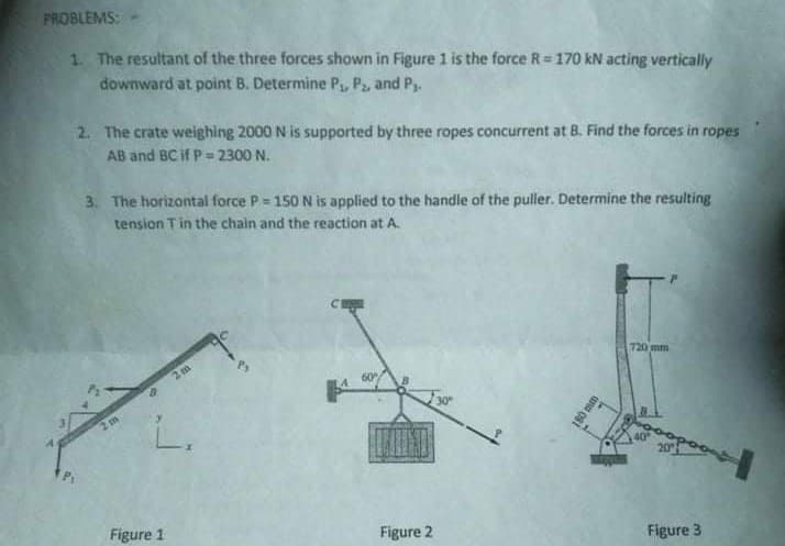 PROBLEMS:
1. The resultant of the three forces shown in Figure 1 is the force R 170 kN acting vertically
downward at point B. Determine P, P2, and Py.
2. The crate weighing 2000 N is supported by three ropes concurrent at 8. Find the forces in ropes
AB and BC if P 2300 N.
3. The horizontal force P= 150N is applied to the handle of the puller. Determine the resulting
tension T in the chain and the reaction at A.
720 mm
2 m
60
Figure 1
Figure 2
Figure 3
