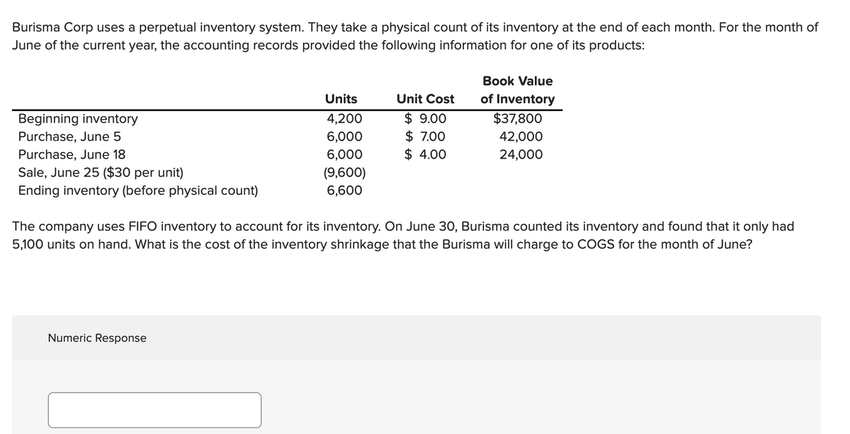 Burisma Corp uses a perpetual inventory system. They take a physical count of its inventory at the end of each month. For the month of
June of the current year, the accounting records provided the following information for one of its products:
Book Value
Units
Unit Cost
of Inventory
$37,800
$ 9.00
$ 7.00
$ 4.00
Beginning inventory
4,200
Purchase, June 5
6,000
42,000
Purchase, June 18
6,000
24,000
Sale, June 25 ($30 per unit)
(9,600)
Ending inventory (before physical count)
6,600
The company uses FIFO inventory to account for its inventory. On June 30, Burisma counted its inventory and found that it only had
5,100 units on hand. What is the cost of the inventory shrinkage that the Burisma will charge to COGS for the month of June?
Numeric Response
