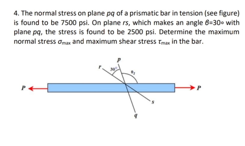 4. The normal stress on plane pq of a prismatic bar in tension (see figure)
is found to be 7500 psi. On plane rs, which makes an angle 6=30º with
plane pq, the stress is found to be 2500 psi. Determine the maximum
normal stress ơmax and maximum shear stress Tmax in the bar.
300
→P
