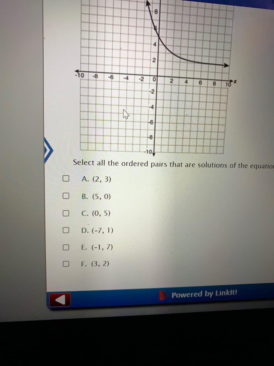 4
2
-10
-8
-6
-4
-2
4
8.
10
-4
-6
-8
-10
Select all the ordered pairs that are solutions of the equation
А. (2, 3)
В. (5, 0)
С. (0, 5)
D. (-7, 1)
Е. (-1, 7)
F. (3, 2)
Powered by Linklt!
2.
