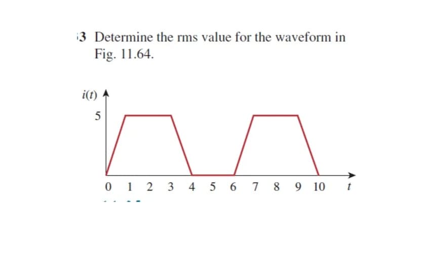3 Determine the rms value for the waveform in
Fig. 11.64.
i(t)
5
0123 34 56 78 9 10
t