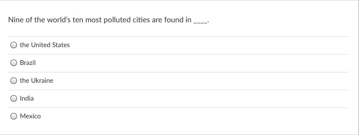 Nine of the world's ten most polluted cities are found in
the United States
Brazil
the Ukraine
India
Mexico
