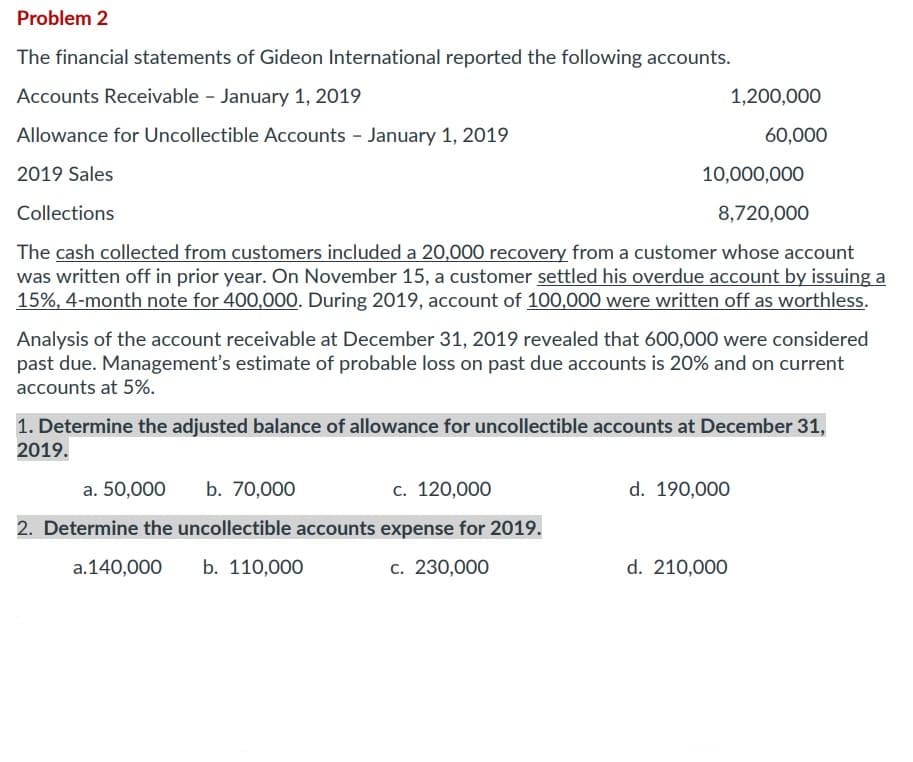 Problem 2
The financial statements of Gideon International reported the following accounts.
Accounts Receivable - January 1, 2019
Allowance for Uncollectible Accounts - January 1, 2019
2019 Sales
10,000,000
Collections
8,720,000
The cash collected from customers included a 20,000 recovery from a customer whose account
was written off in prior year. On November 15, a customer settled his overdue account by issuing a
15%, 4-month note for 400,000. During 2019, account of 100,000 were written off as worthless.
Analysis of the account receivable at December 31, 2019 revealed that 600,000 were considered
past due. Management's estimate of probable loss on past due accounts is 20% and on current
accounts at 5%.
1,200,000
60,000
1. Determine the adjusted balance of allowance for uncollectible accounts at December 31,
2019.
a. 50,000 b. 70,000
c. 120,000
2. Determine the uncollectible accounts expense for 2019.
a.140,000 b. 110,000
c. 230,000
d. 190,000
d. 210,000