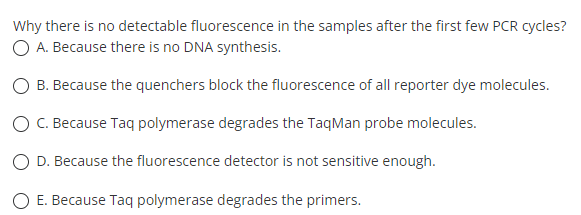 Why there is no detectable fluorescence in the samples after the first few PCR cycles?
O A. Because there is no DNA synthesis.
O B. Because the quenchers block the fluorescence of all reporter dye molecules.
O . Because Taq polymerase degrades the TaqMan probe molecules.
D. Because the fluorescence detector is not sensitive enough.
O E. Because Taq polymerase degrades the primers.
