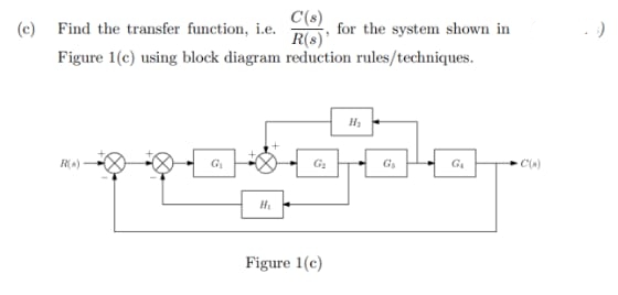 C(s)
for the system shown in
R(s)'
(c) Find the transfer function, i.e.
Figure 1(c) using block diagram reduction rules/techniques.
G
Gs
Figure 1(c)
