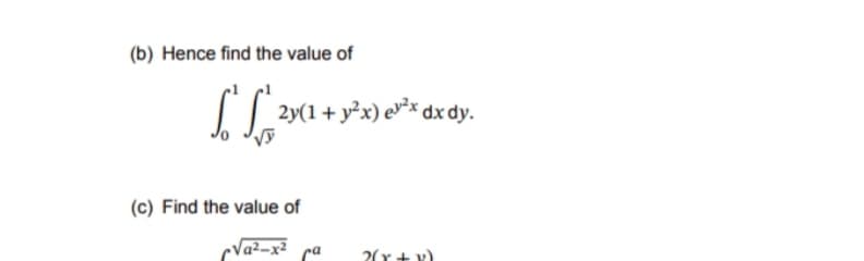 (b) Hence find the value of
√y
2y(1 + y²x) e²x dx dy.
(c) Find the value of
a²-x² a
2(x + v)