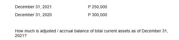 December 31, 2021
December 31, 2020
P 250,000
P 300,000
How much is adjusted / accrual balance of total current assets as of December 31,
2021?