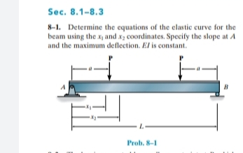 Sec. 8.1-8.3
8-1. Determine the equations of the elastic curve for the
beam using the x and xz coordinates. Specify the slope at A
and the maximum deflection. El is constant.
B
Prob. 8-1
