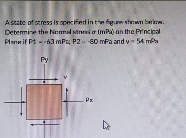 A state of stress is specified in the figure shown below.
Determine the Normal stress o (mPa) on the Principal
Plane if P1 = -63 mPa; P2 = -80 mPa and v= 54 mPa
Py
Px