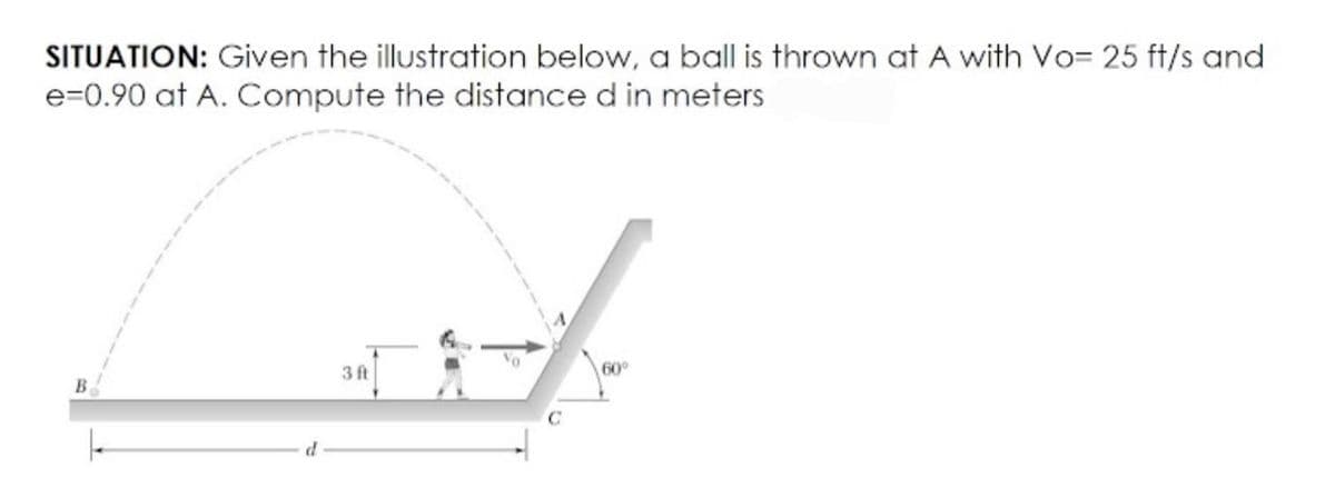 SITUATION: Given the illustration below, a ball is thrown at A with Vo= 25 ft/s and
e=0.90 at A. Compute the distance d in meters
3 ft
60°
B
