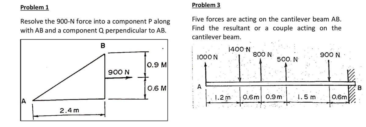 Problem 1
Problem 3
Resolve the 900-N force into a component P along
with AB and a component Q perpendicular to AB.
Five forces are acting on the cantilever beam AB.
Find the resultant or a couple acting on the
cantilever beam.
B
1400 N
1000 N
800 N:
900 N.
500. N
0.9 M
900 N
0.6 M
A
1.2 m
0.6m 0.9 m
1.5 m
0.6m
A
2.4 m
