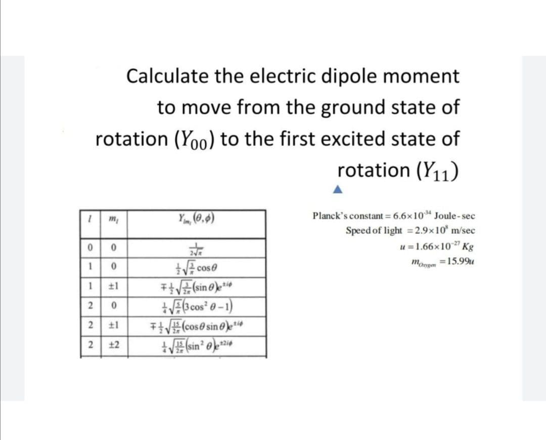 Calculate the electric dipole moment
to move from the ground state of
rotation (Yoo) to the first excited state of
rotation (Y11)
Planck's constant = 6.6x10 Joule-sec
Speed of light =2.9x10° m/sec
u =1.66x10" Kg
Ym, (0,6)
m
VE cose
千岳Gin
+VAbcos" 0 -1)
7VE(cos@ sin 0)e*ie
1
moorm =15.99u
1
±1
2
+2
