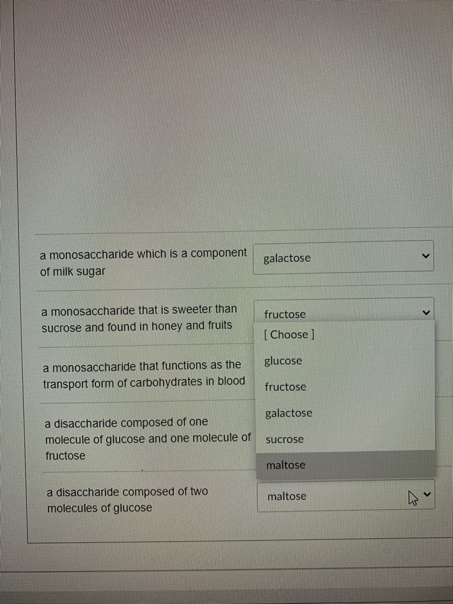 a monosaccharide which is a component
galactose
of milk sugar
a monosaccharide that is sweeter than
fructose
sucrose and found in honey and fruits
[ Choose ]
glucose
a monosaccharide that functions as the
transport form of carbohydrates in blood
fructose
galactose
a disaccharide composed of one
molecule of glucose and one molecule of
rose
fructose
maltose
a disaccharide composed of two
molecules of glucose
maltose
