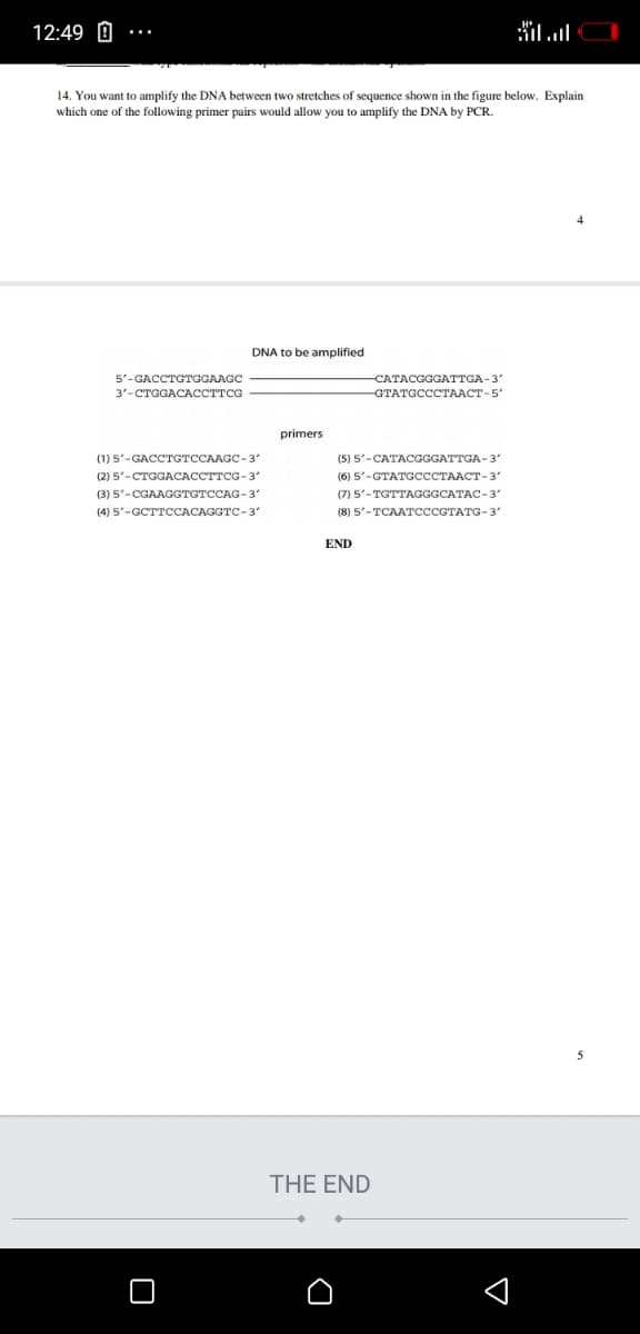 12:49 0
14. You want to amplify the DNA between two stretches of sequence shown in the figure below. Explain
which one of the following primer pairs would allow you to amplify the DNA by PCR.
DNA to be amplified
5'-GACCTGTGGAAGC
-CATACGGGATTGA-3"
3'-CTGGACACCTTCG
GTATGCCCTAACT-5"
primers
(1) 5'-GACCTGTCCAAGC-3
(2) 5-CTGGACACCTTCG-3
(5) 5-CATACGGGATTGA-3"
(6) 5°-GTATGСССТААСТ-3°
(3) 5'-CGAAGGTGTCCAG-3'
(7) 5'-TGTTAGGGCATAC-3"
(4) 5'-GCTTССАСАGGTC-3°
(8) 5'-TCAATCCCGTATG-3'
END
5
THE END
