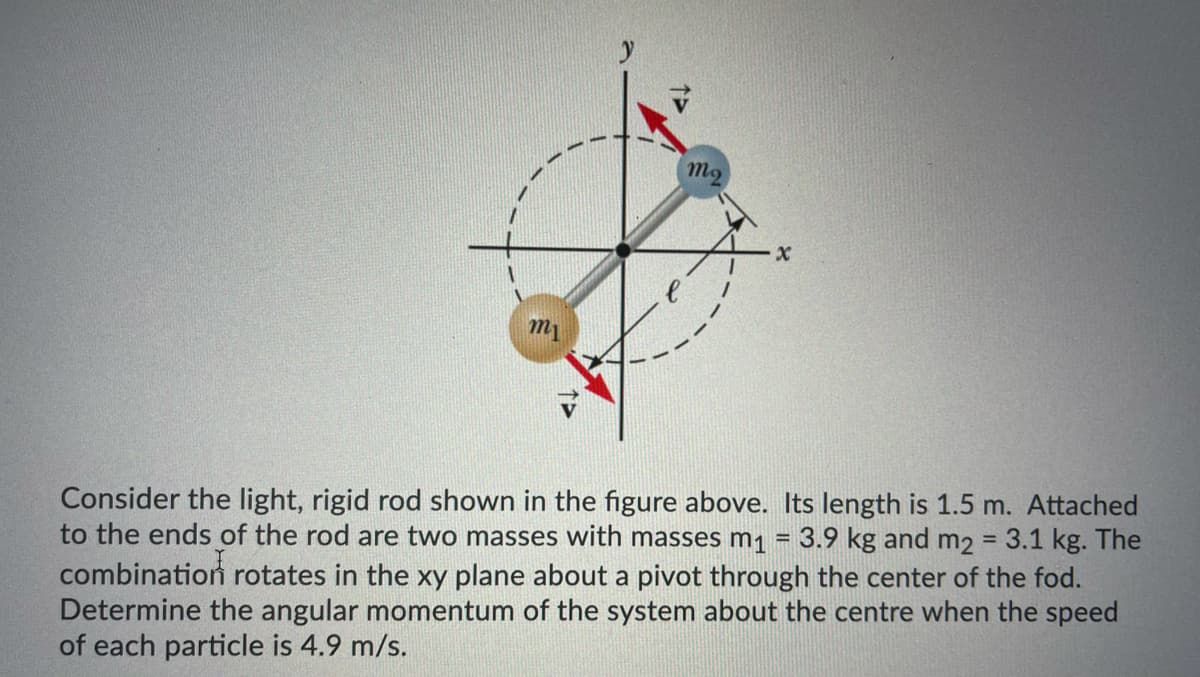 m1
Consider the light, rigid rod shown in the figure above. Its length is 1.5 m. Attached
to the ends of the rod are two masses with masses m1 = 3.9 kg and m2 = 3.1 kg. The
combination rotates in the xy plane about a pivot through the center of the fod.
Determine the angular momentum of the system about the centre when the speed
of each particle is 4.9 m/s.
%3D
%3D
